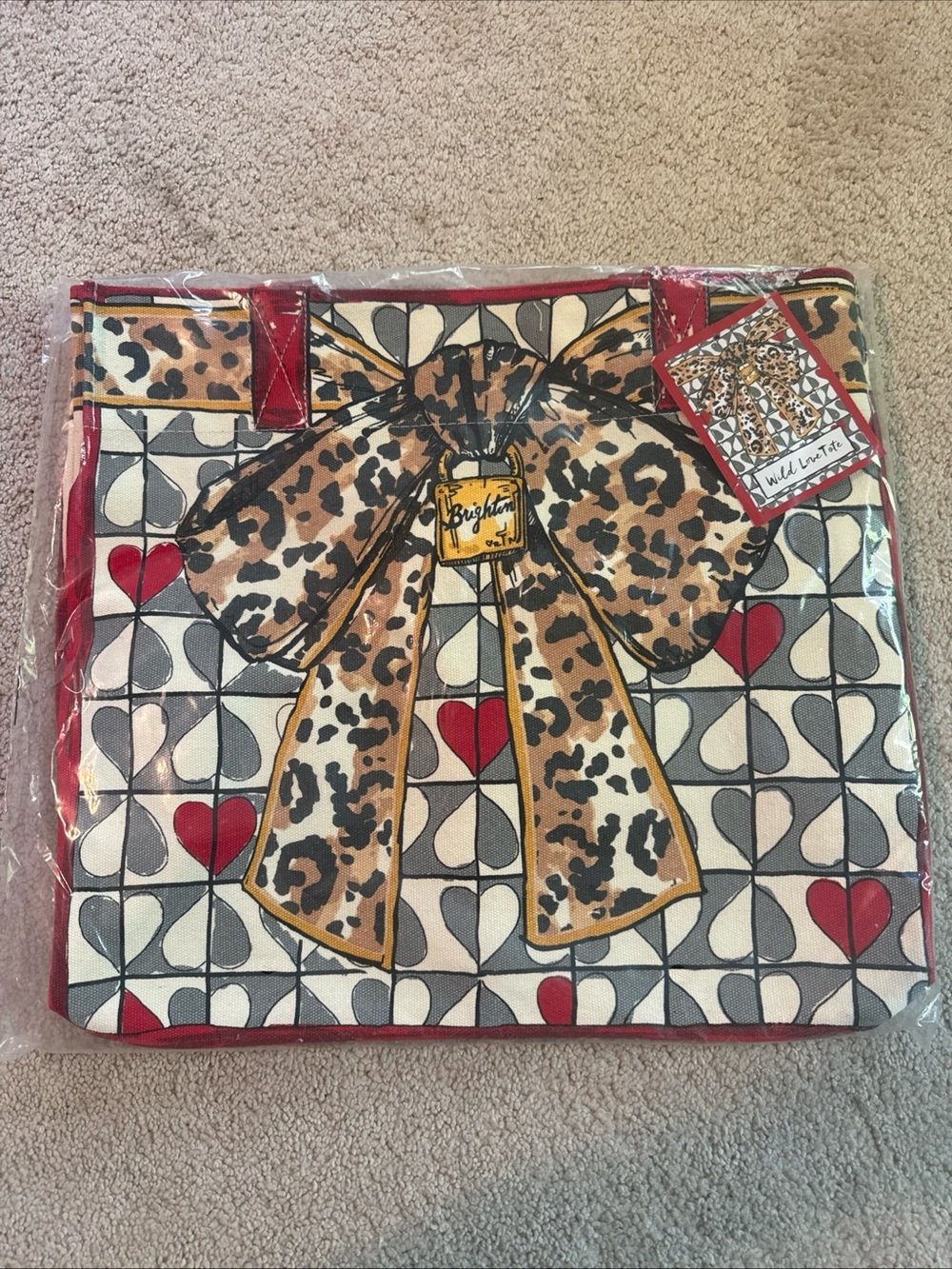 Brighton Red, Cream and Leopard-Accent Bow Canvas Tote with Fun Cat Bottom NWT